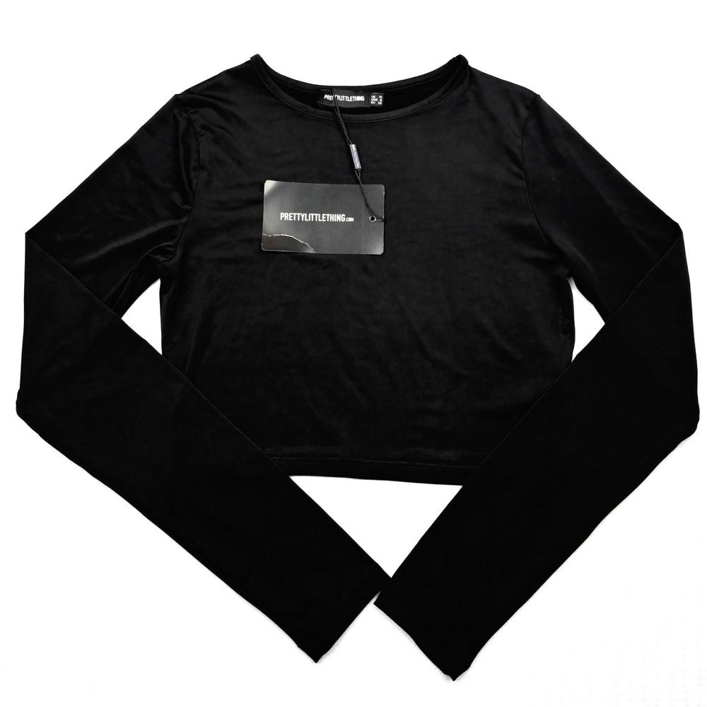 NWT PrettyLittleThing Womens USA 6 Black Slinky Long Sleeve Crop Top CMW5148